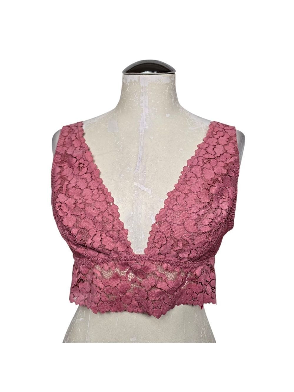La Senza XL Mauve Pink Floral Lace Bralette Deep V Sheer Scalloped Trim